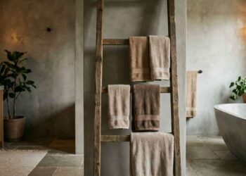 Transformação Criativa: Escada de Madeira Reaproveitada como Suporte de Toalhas