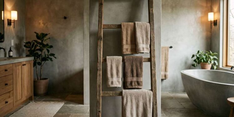 Transformação Criativa: Escada de Madeira Reaproveitada como Suporte de Toalhas